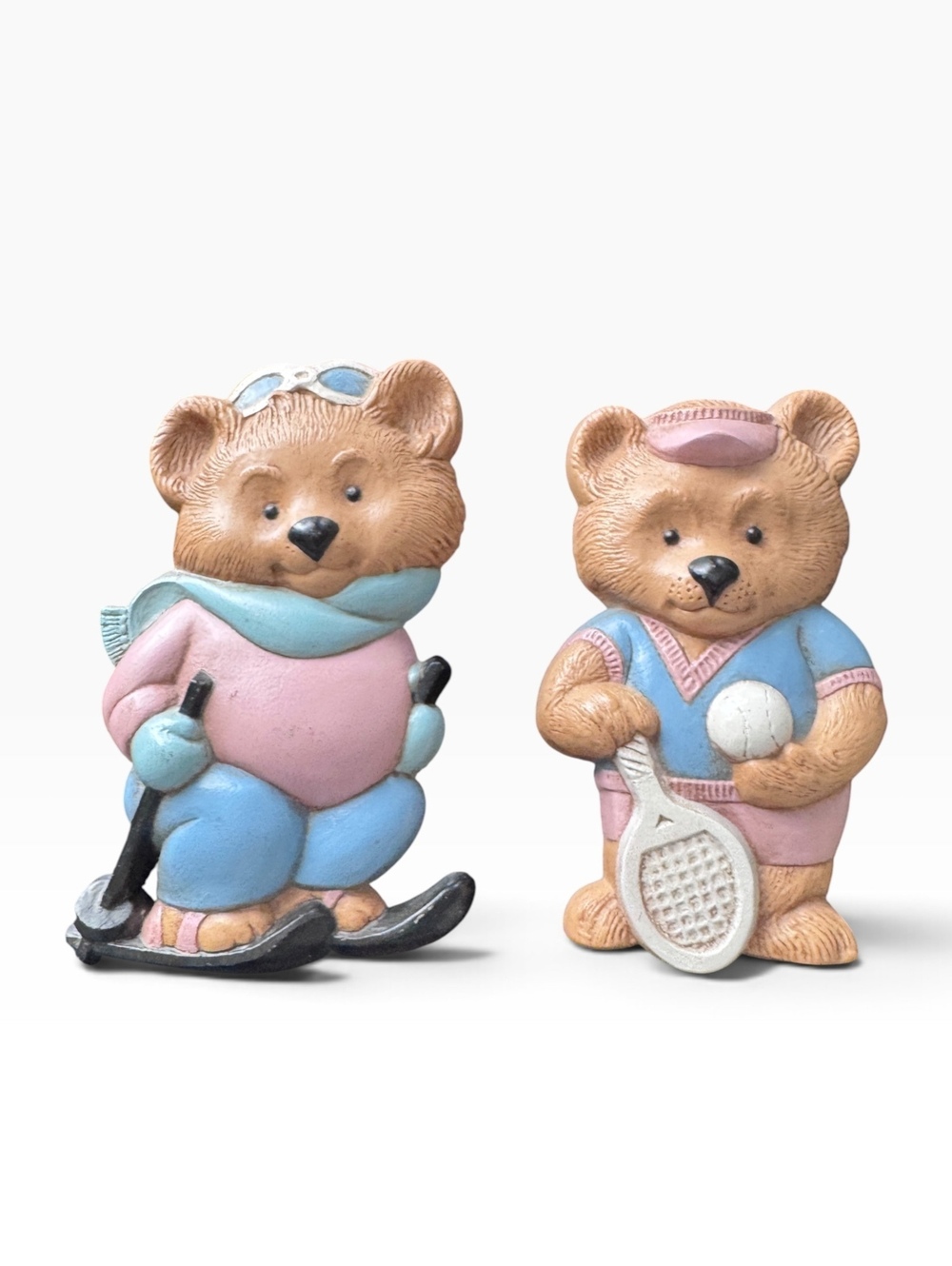 Vintage Burwood Teddy Bear Sports Wall Plaques Set of 2 Ski Tennis 1980s Pastel